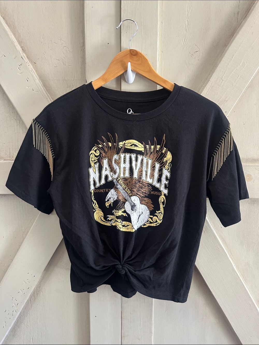 Nashville OG Graphic Tee Medium Black Rhinestone Fringe Western Cowgirl Top